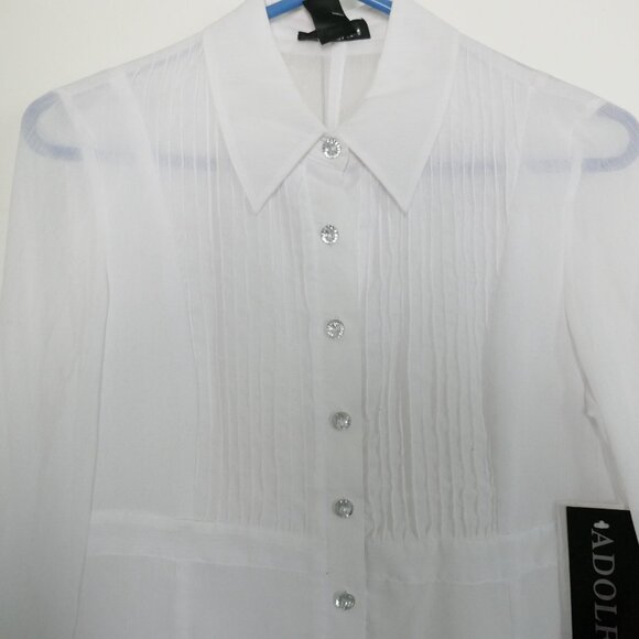 NWT Adolfo sheer white collared pintuck tunic blouse crystal buttons size M - Picture 2 of 9